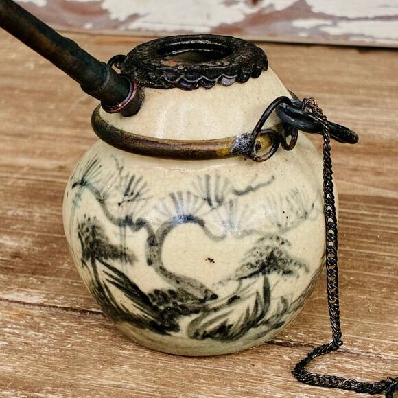 Antique Chinese Ceramic Opium Pipe w/ Metal Fittings & Chain | Hand Painted - Picture 4 of 4